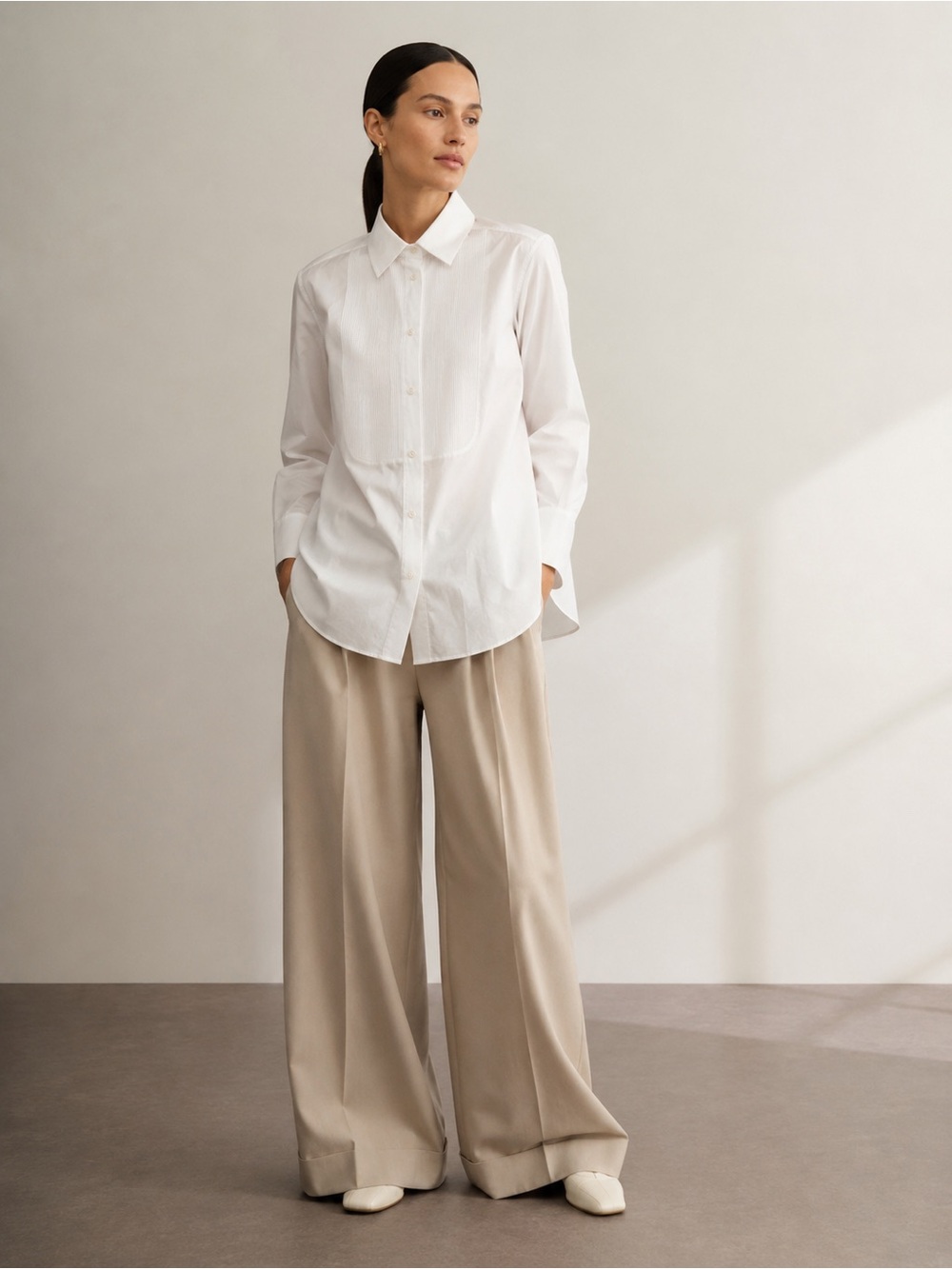 LAFAYETTE 148 New York Tuxedo Style White Button Front Shirt Size Large Cotton